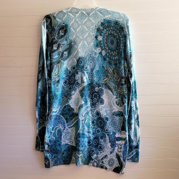 Chicos Cardigan Womens Medium Blue Print Longer Length Cotton Blend V Neck - Picture 6 of 7
